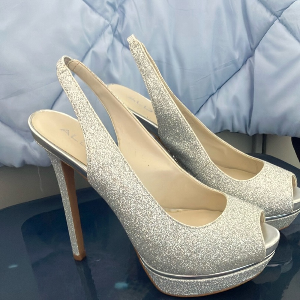 ALDO Silver Glitter Slingback Heels